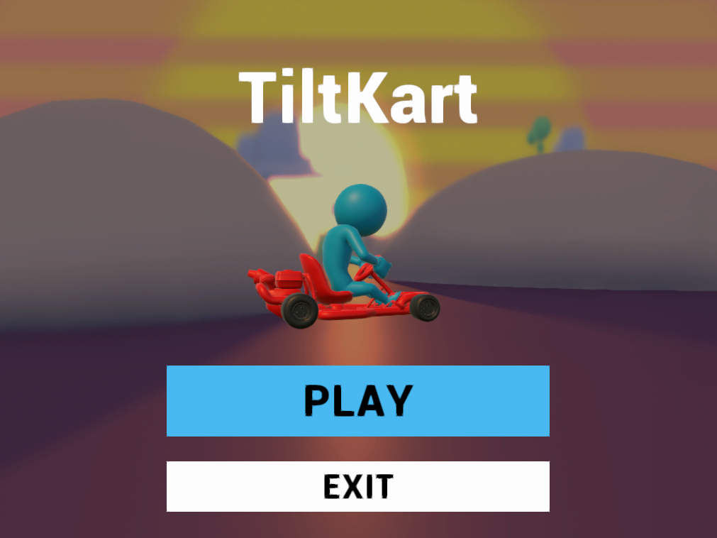 Title screen consisting of a racing go-kart centered on a sunset scene background. Below the kart are two options 'Play' and 'Exit'.